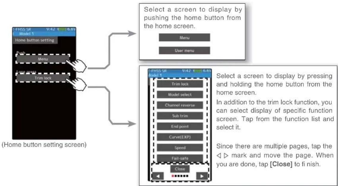 FHSS SR 9:42 📊8006.6V Model 1 Home button setting Push Menu Line press Trim lock (Home button setting screen) Select a screen to display by pushing the home button from the home screen. Menu User menu FHSS SR 9:42 📊8006.6V Model 1 Trim lock Model select Channel reverse Sub trim End point Curve(EXP)…