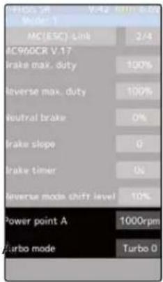 FIDOS OR Model 1 MC(ESC) Link 2/4 AC960CR V.17 brake max. duty 100% reverse max. duty 100% neutral brake 0% brake slope 0 brake timer 0s Reverse mode shift level 10% Power point A 1000rpm Turbo mode Turbo 0