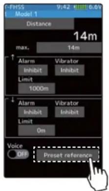 FHSS Model 1 9:42 KBH 6.0V Distance 14m max. 14m ↑ Alarm Vibrator Inhibit Inhibit Limit 1000m ↓ Alarm Vibrator Inhibit Inhibit Limit On Voice OFF Preset reference
