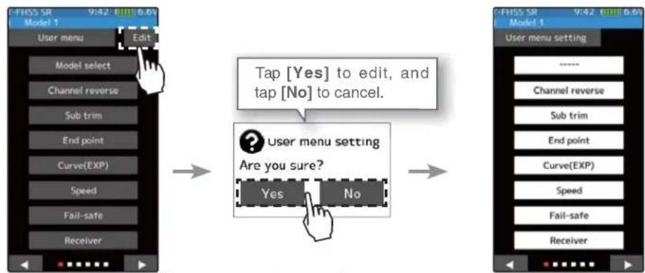 graph TD A["User menu"] --> B["Edit"] B --> C["Tap [Yes"] to edit, and_tap["No"] to cancel.] C --> D{User menu setting} D -->|Yes| E["Are you sure?"] D -->|No| F["End point"] E --> G["Receiver"]