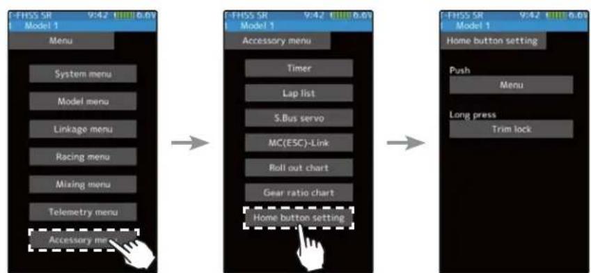 graph LR A["Menu"] --> B["System menu"] B --> C["Model menu"] C --> D["Linkage menu"] D --> E["Racing menu"] E --> F["Mixing menu"] F --> G["Telemetry menu"] G --> H["Accessory menu"] I["Accessory menu"] --> J["Timer"] J --> K["Lap list"] K --> L["S.Bus servo"] L --> M["MC(ESC)-Link"] M --> N["Roll…