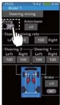 FHSS Model 1 Steering mixing Stoing Ackermann +0 Steering rate Left 0 100 Right Steering 2 Left Right Steering 1 Left Right 100 100 100 100 Brake +0 Off