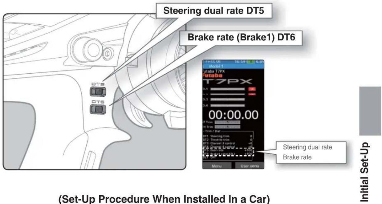 Steering dual rate DT5 Brake rate (Brake1) DT6 00:00.00 Steering dual rate Brake rate (FHSS SR T0:5V BILK 6.0m Model 1 Futaba T7PX T7PX 00:00.00 00:00.00 00:00.00 00:00.00 00:00.00 00:00.00 00:00.00 00:00.00 00:00.00 Menu User menu (Set-Up Procedure When Installed In a Car) Initial Set-Up