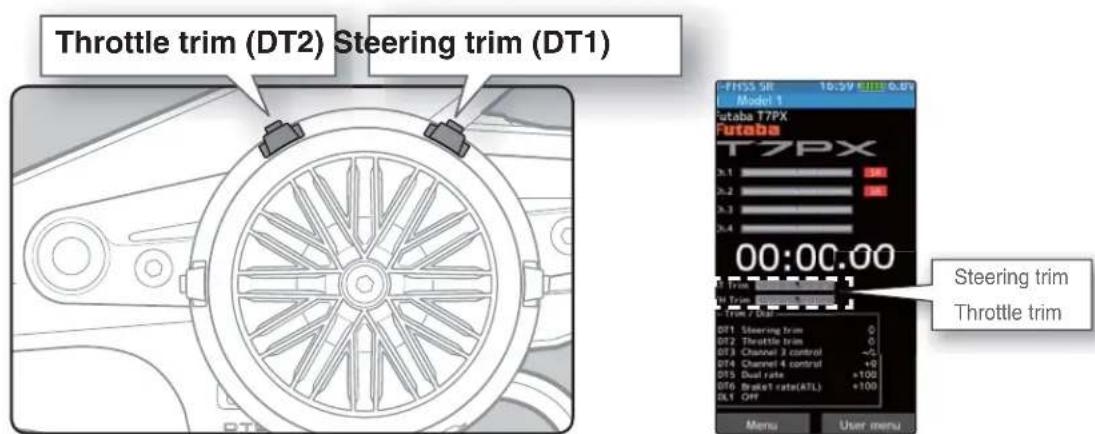 Throttle trim (DT2) Steering trim (DT1) FHT53 SE 16:59 00:00 Model 1 Staba T7PX T7PX 3.1 3.2 3.3 3.4 00:00:00 Steering trim Throttle trim DT1 Steering trim 0 DT2 Throttle trim 0 DT3 Channel 3 control -10 DT4 Channel 4 control +10 DT5 Dual rate +100 DT6 BracketT rate(ATL) +100 DL1 Off Menu User menu