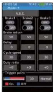 FHS5 SR Model 1 A.B.S. Brake1 Brake2 Brake3 Off Off Off Brake return 50 50 50 Delay 0 0 0 Cycle speed 30 30 30 Duty ratio +0 +0 +0 Trigger point 30 Normal On Off