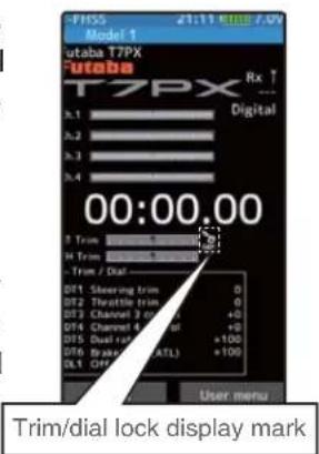 FHSS 21.11 RMG 7.09 Model 1 utaba T7PX T7PX Rx ... Digital h.1 h.2 h.3 h.4 00:00:00 Trim Trim / Dial Trim / Dial D11 Steering trim D12 Throttle trim D13 Channel 3 dials D14 Channel 4 dials D15 Dual rail D16 Brake (ATL) User menu Trim/dial lock display mark