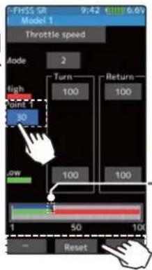 FHSS SR 9:42 6.0V Model 1 Throttle speed Mode 2 Turn High 100 Return Low 100 100 1 50 100 Reset
