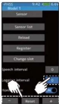 FHSS Model 1 9:42 @10.6.09 Sensor Sensor list Reload Register Change slot Speech interval 0 Logging interval 0 Homemotion - Reset +