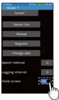 Model 1 Sensor Sensor list Reload Register Change slot Speech interval 0 Logging interval 0 Home screen ON