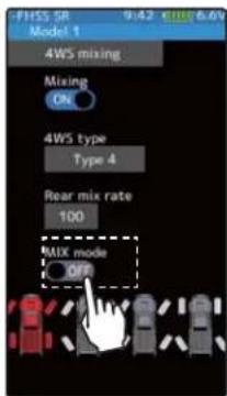 FHSS SR 9:42 6:49 Model 1 4WS mixing. Mixing ON 4WS type Type 4 Rear mix rate 100 MIX mode OFF