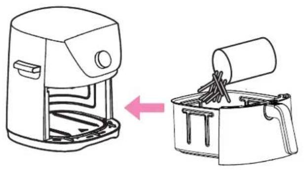 Line drawing showing a toaster oven being placed on a tray with chopsticks, illustrating the process (no text or symbols)
