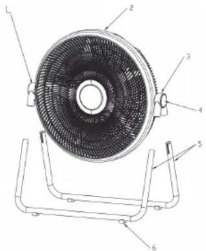 Technical diagram of a fan with numbered parts labeled for identification