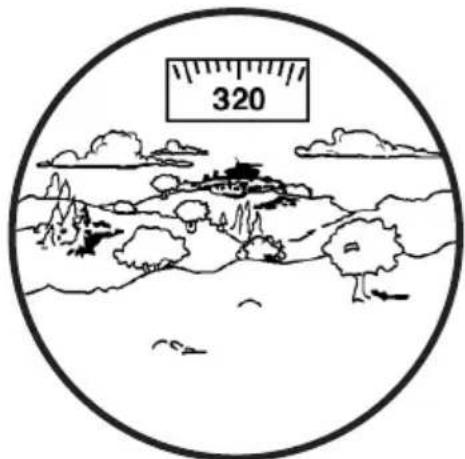 Simple line drawing of a landscape with trees, hills, and a distant building, enclosed in a circular frame with a wall scale showing 320 units (no text or symbols on the landscape itself)