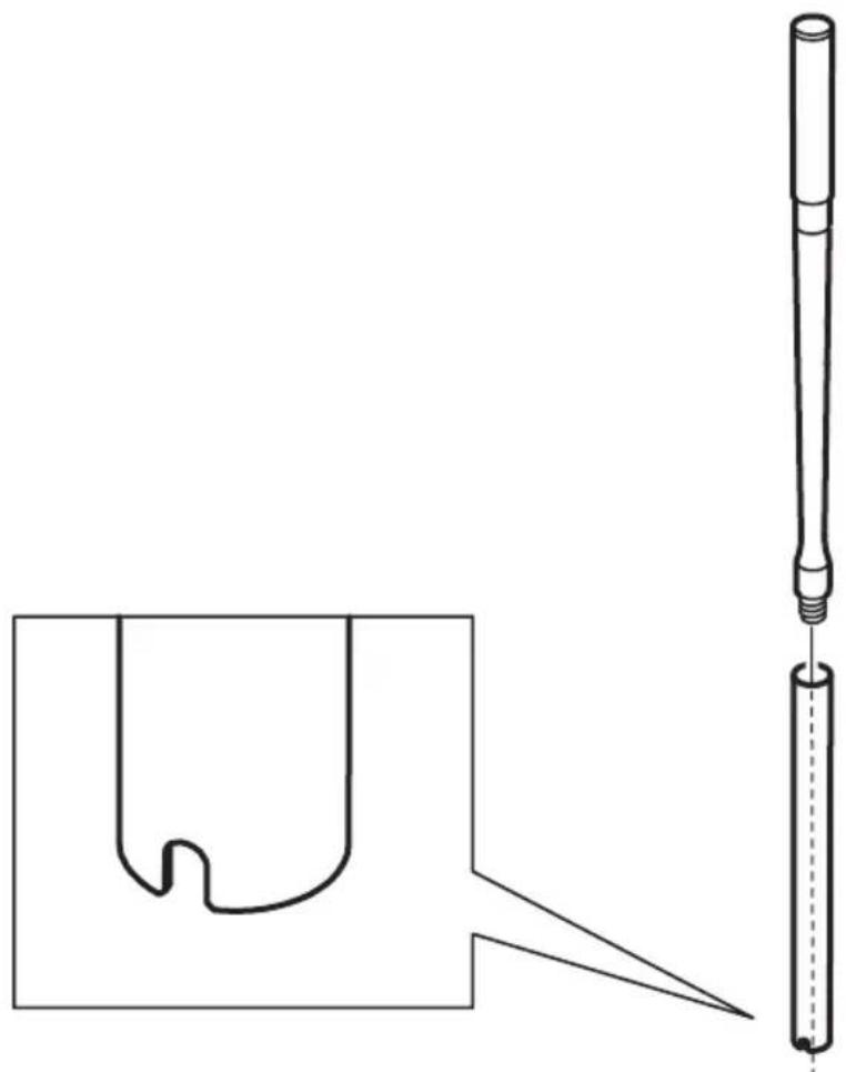 Technical line drawing of a mechanical component with a U-shaped groove and a vertical rod inserted into a cylindrical shaft (no text or symbols)