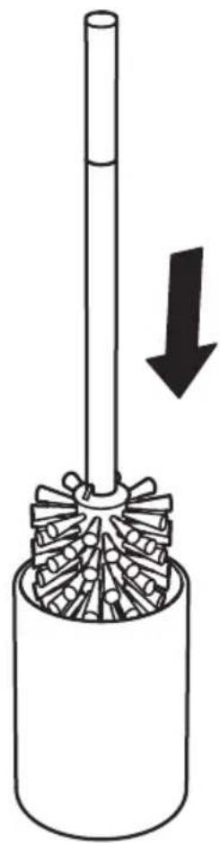 Diagram of a hairdryer with a vertical rod and spiky base, showing a downward arrow indicating compression (no text or symbols present)