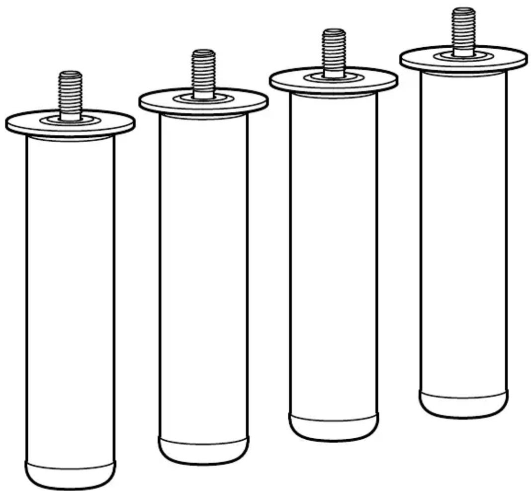 Dessin au trait de quatre composants mécaniques cylindriques avec des sommets filetés, disposés horizontalement (sans texte ni symboles)