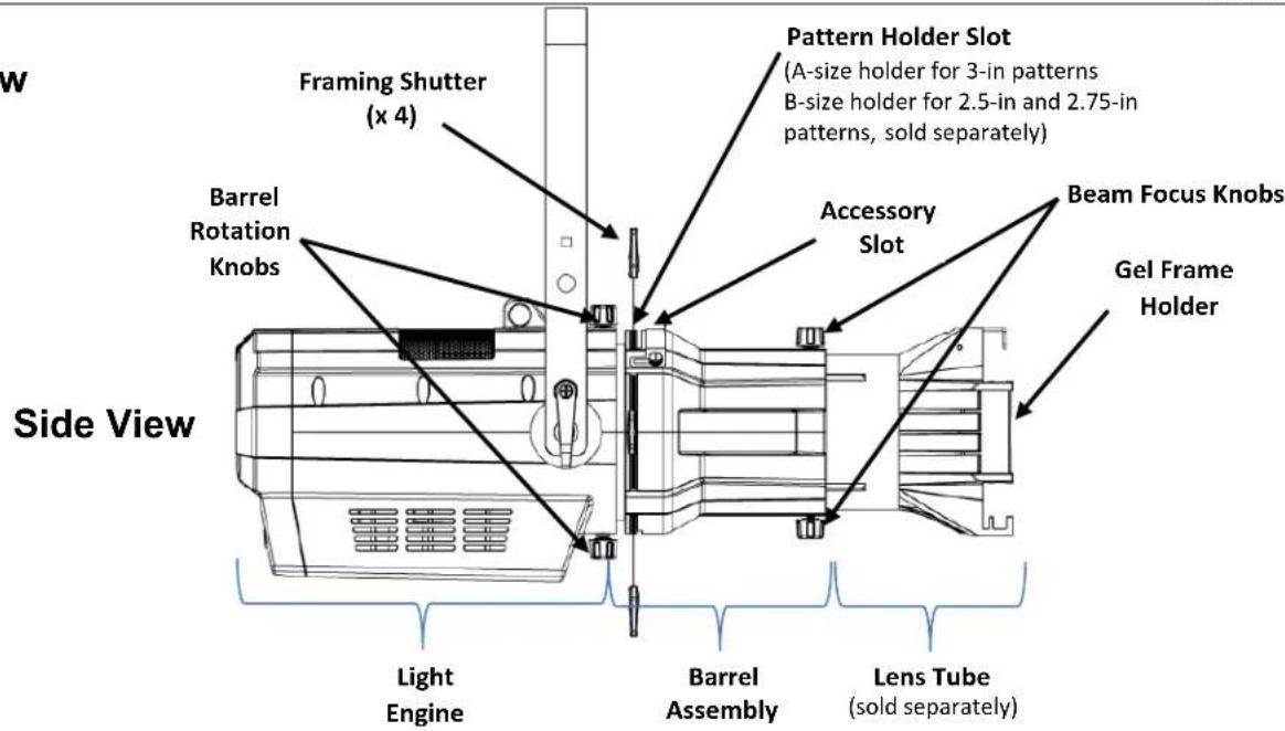 W Framing Shutter (x 4) Barrel Rotation Knobs Side View Pattern Holder Slot (A-size holder for 3-in patterns B-size holder for 2.5-in and 2.75-in patterns, sold separately) Accessory Slot Beam Focus Knobs Gel Frame Holder Light Engine Barrel Assembly Lens Tube (sold separately)
