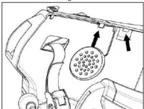 Technical line drawing of a mechanical component with a circular component and directional arrows (no text or symbols)
