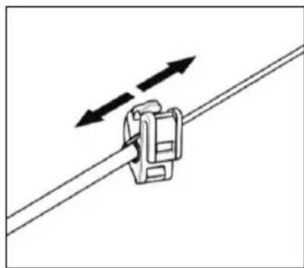 Diagram of a cable clamp securing a wire with two opposing arrows indicating tension (no text or symbols present)