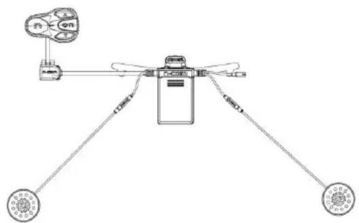 Diagram of a drone with labeled components and wiring connections, showing flight path and sensor placements.