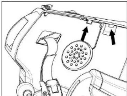 Technical line drawing of a mechanical component with a circular component and two arrows indicating assembly or force (no text or symbols present)
