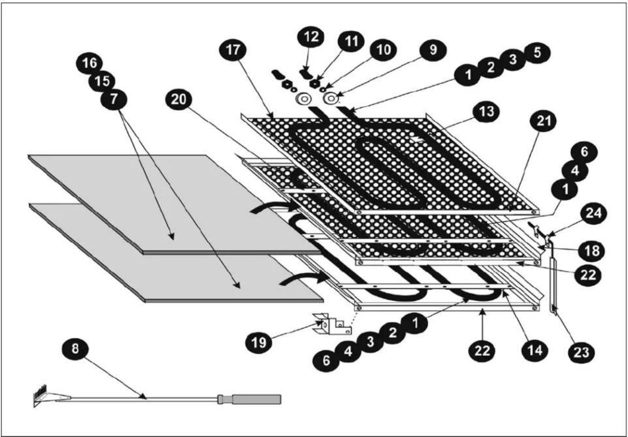 Technical diagram of a layered electronic device with numbered components and directional arrows indicating flow or assembly.
