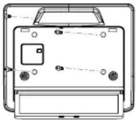 Dessin technique au trait du panneau arrière d'un appareil avec des boutons et un écran central (sans texte ni symbole)