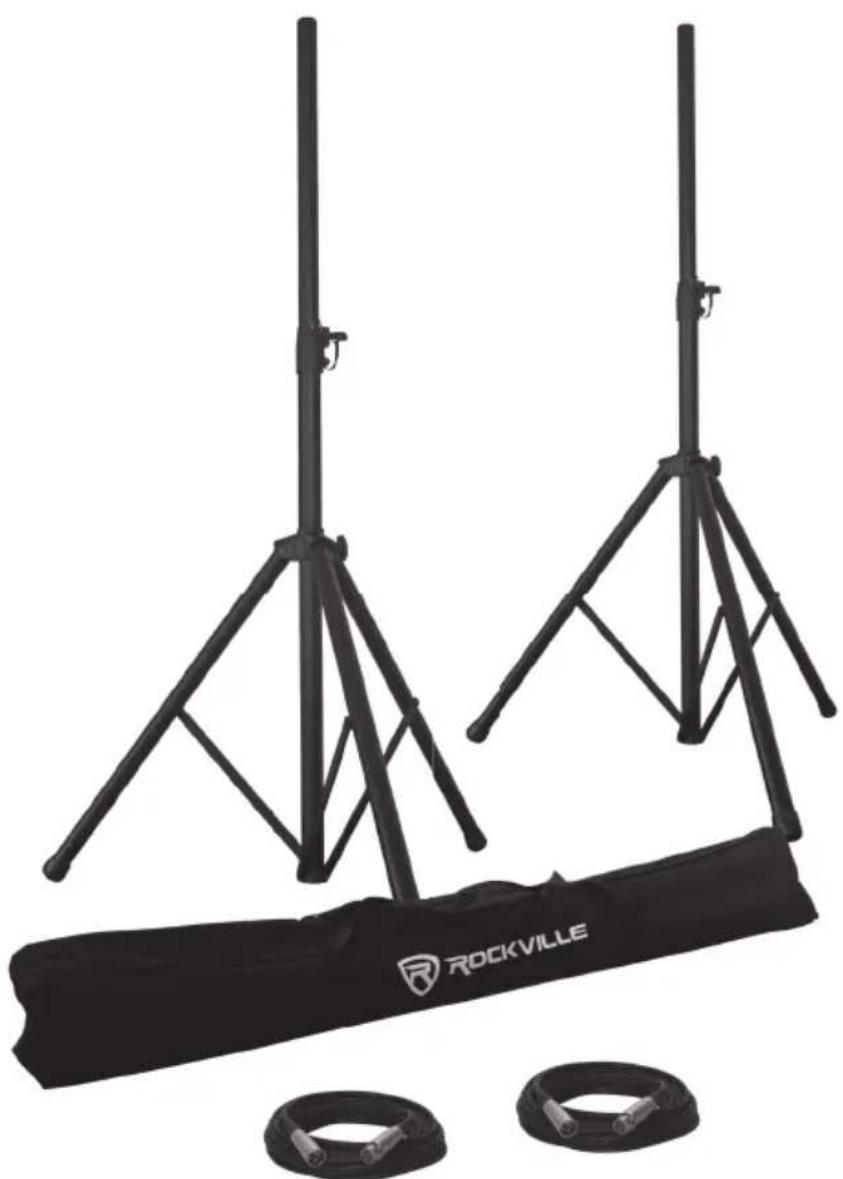Black outdoor setup with two metal tripod supports and a black safety bag labeled 'ROCKVILLE' (no text on main objects)