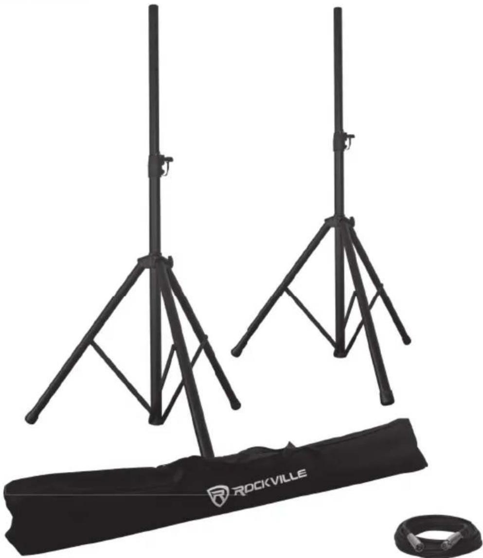 Black outdoor setup with two tripod poles and a black safety bag labeled 'ROCKVILLE' (no text or symbols on main objects)