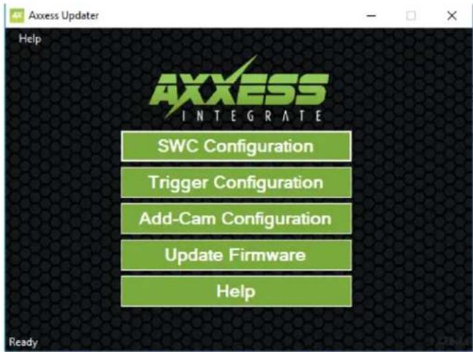 Axxess Updater Help AXXESS INTEGRATE SWC Configuration Trigger Configuration Add-Cam Configuration Update Firmware Help Ready