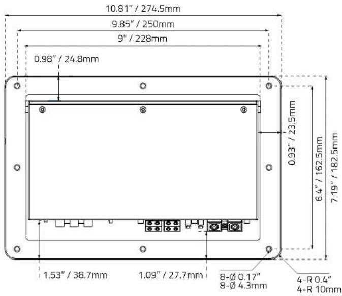 10.81" / 274.5mm 9.85" / 250mm 9" / 228mm 0.98" / 24.8mm 0.93" / 23.5mm 6.4" / 162.5mm 7.19" / 182.5mm 1.53" / 38.7mm 1.09" / 27.7mm 8-Ø 0.17" 8-Ø 4.3mm 4-R 0.4" 4-R 10mm
