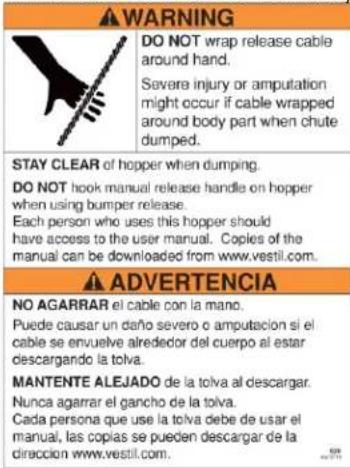 WARNING DO NOT wrap release cable around hand. Severe injury or amputation might occur if cable wrapped around body part when chute dumped. STAY CLEAR of hopper when dumping. DO NOT hook manual release handle on hopper when using bumper release. Each person who uses this hopper should have access to…