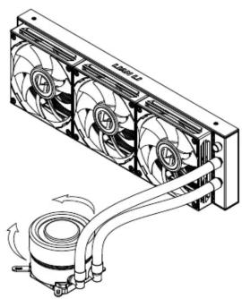 Technical illustration of a multi-chamber HVAC fan assembly with cooling pipes and fan blades (no text or symbols)