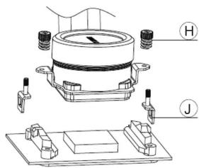 Technical diagram of a mechanical assembly with labeled parts H and J, showing components like a housing and mounting base.