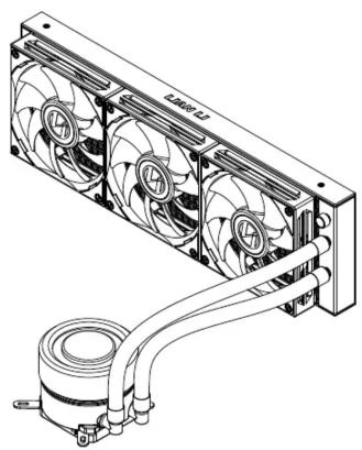 Technical line drawing of a cooling fan assembly with cooling pipes and a coiled cooling unit (no text or symbols)