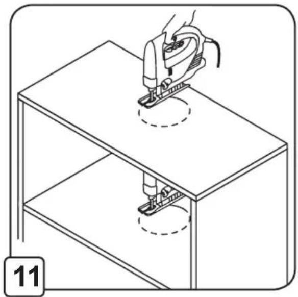 Line drawing of a hand using a power tool to lift or lift a component on a two-tiered shelf (no text or symbols)