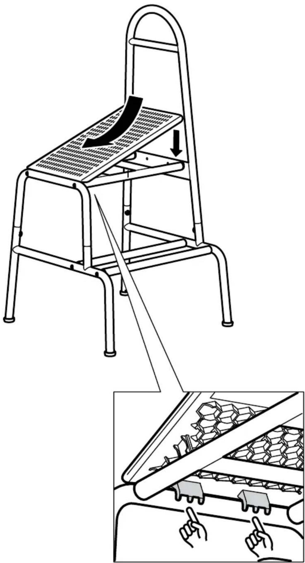 Schéma illustrant une configuration d'échelle avec une glissière et un positionnement des mains, montrant un changement structurel et le placement des composants.