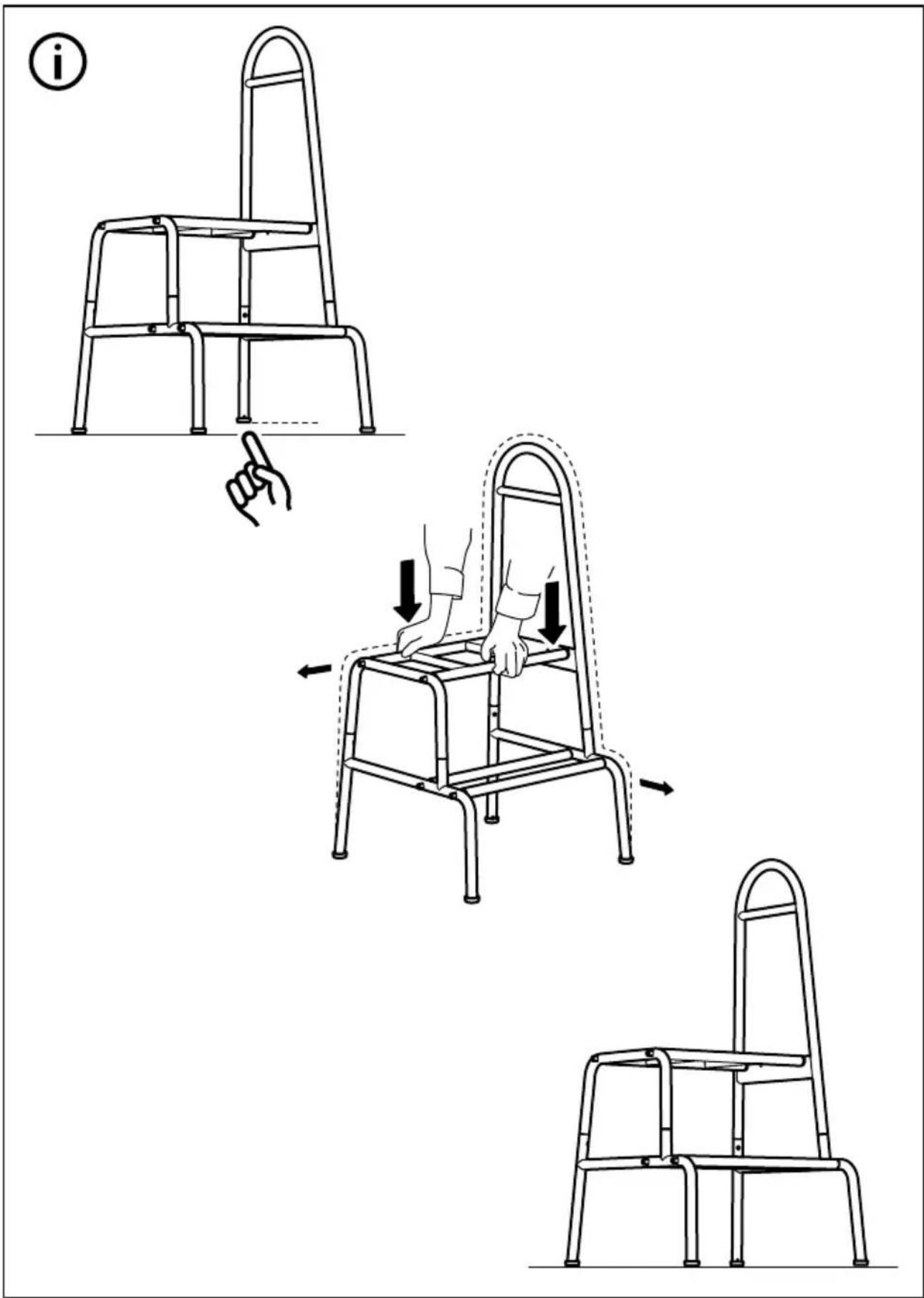 Schéma illustrant trois étapes d'une personne utilisant une échelle pour soulever un siège, avec des flèches directionnelles indiquant le mouvement.