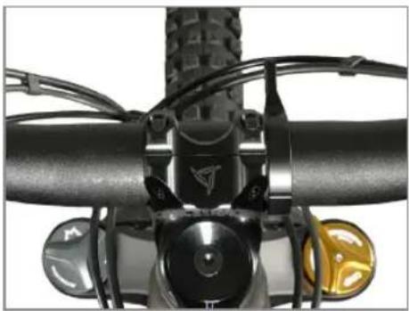 Close-up of a bicycle headstock with black railings and yellow circular buttons (no visible text or symbols)