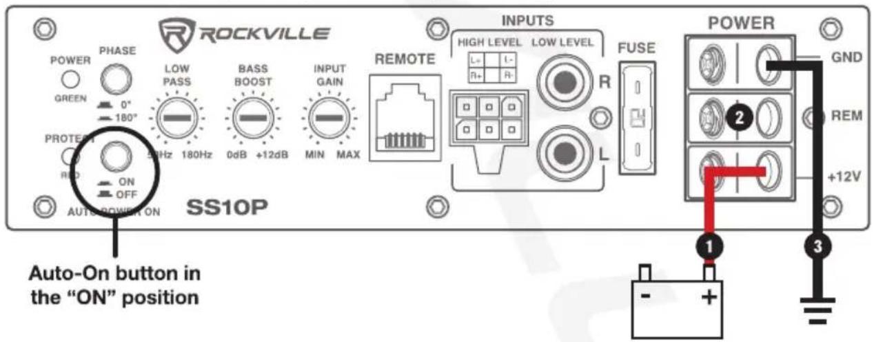 ROCKVILLE POWER PHASE LOW PASS BASS BOOST INPUT GAIN REMOTE INPUTS FUSE POWER GREEN 0° 180° 25Hz 180Hz 0dB +12dB MIN MAX HIGH LEVEL LOW LEVEL R L PROTECT ON OFF AUTO-POWER ON SS10P Auto-On button in the "ON" position GND REM +12V 1 + - +