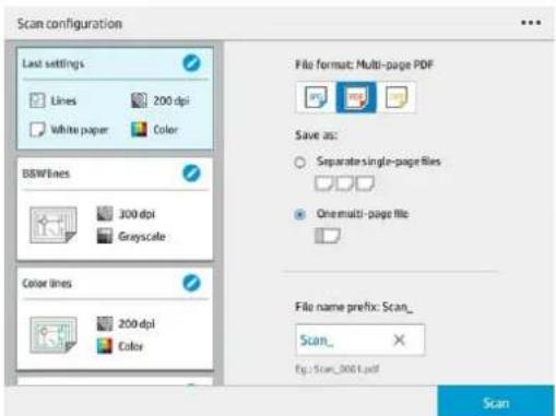 Scan configuration Last settings Lines 200 dpi White paper Color File format: Multi-page PDF Save as: Separate single-page files One multi-page file BBW/lines 300 dpi Grayscale Color lines 200 dpi Color File name prefix: Scan_ Scan_ Eq: Scan_3001.pdf Scan