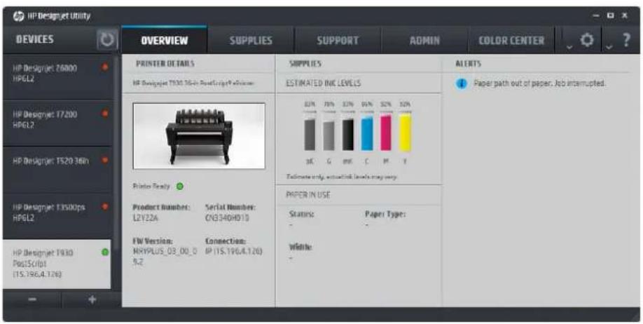 HP Designet Utility DEVICES OVERVIEW SUPPLIES SUPPORT ADMIN COLOR CENTER ? ? PRINTER DETAILS HP Designet T300 36-in PDFScript Definition Printer Ready: Product Number: L2Y22A Serial Number: CN33404919 FW Version: MRYPLUS_03_00_0 9.2 Connection: IP (TS.196.4.120) SIMPLES ESTIMATED INC LEVELS 82% 78%…