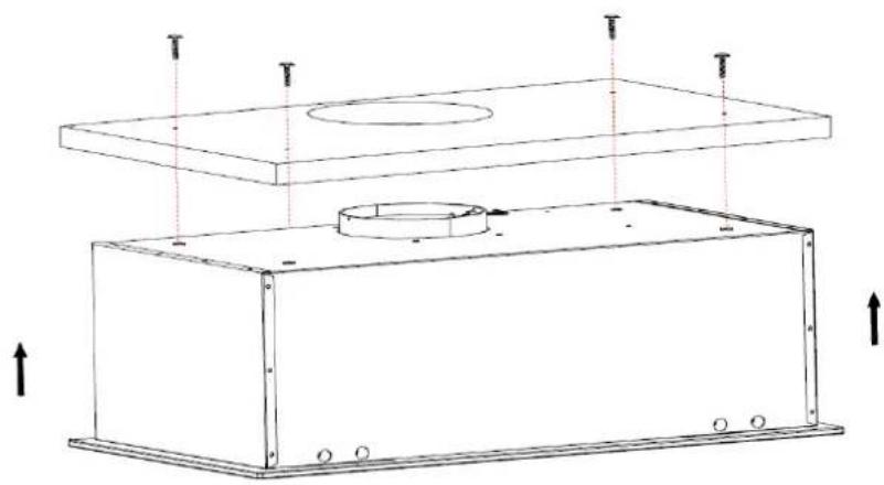 Technical line drawing of a rectangular enclosure with a circular vent and mounting base, showing internal components and directional arrows (no text or symbols)