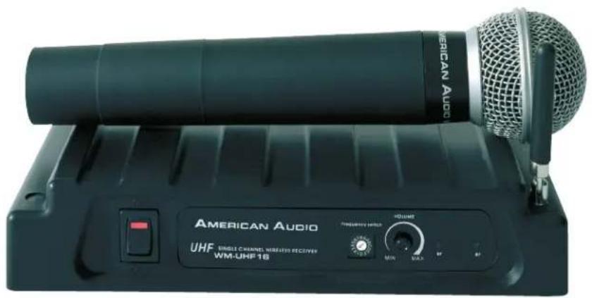 Black American Audio audio receiver device with visible microphone and control panel (no text or symbols on device body)