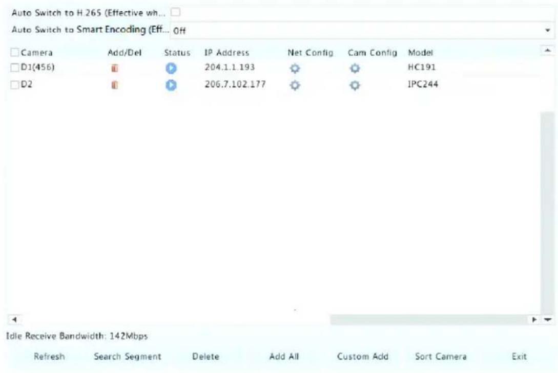 Auto Switch to H.265 (Effective wh... Auto Switch to Smart Encoding (Eff... Off Camera Add/Del Status IP Address Net Config Cam Config.Model D1(456) 204.1.1.193 HC191 D2 206.7.102.177 IPC244 Idle Receive Bandwidth: 142Mbps Refresh Search Segment Delete Add All Custom Add Sort Camera Exit