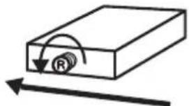 Simple line drawing of a rectangular block with a circular arrow and label 'R' on its side, indicating rotation or motion (no text or symbols beyond the label)