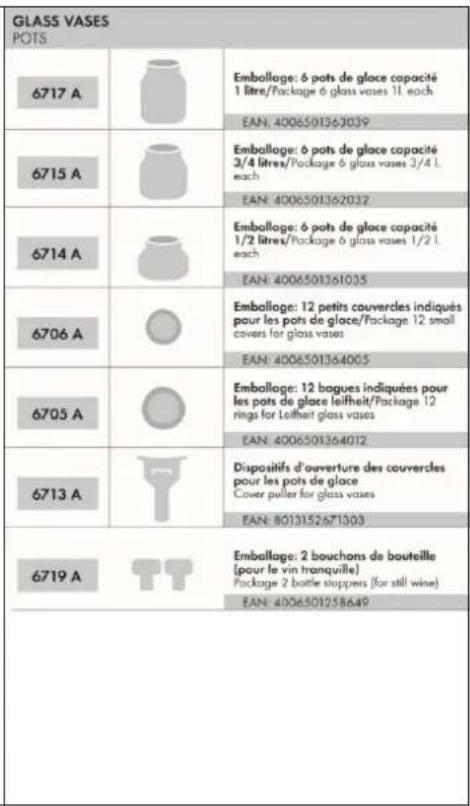 GLASS VASES POTS 6717 A Emballage: 6 pots de glace capacité 1 litre/Package 6 glass vases 1L each EAN: 4006501363039 6715 A Emballage: 6 pots de glace capacité 3/4 litres/Package 6 glass vases 3/4 L each EAN: 4006501362032 6714 A Emballage: 6 pots de glace capacité 1/2 litres/Package 6 glass vases 1…