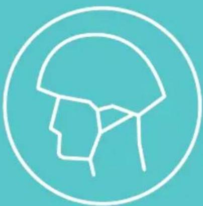 White line icon of a helmet profile inside a circle on a teal background (no text or symbols)