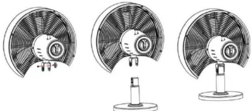 Three technical line drawings of a desktop fan with visible blades and mounting base (no text or symbols)