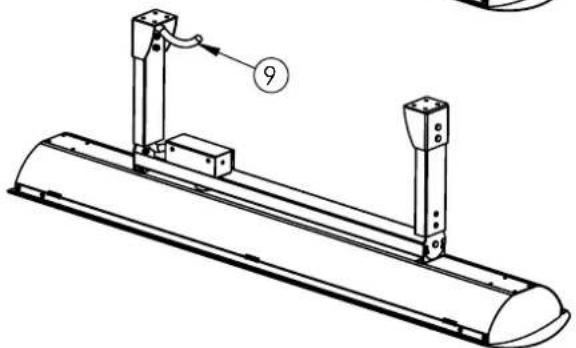 Technical line drawing of a treadmill with support structure and labeled component (no text or symbols)